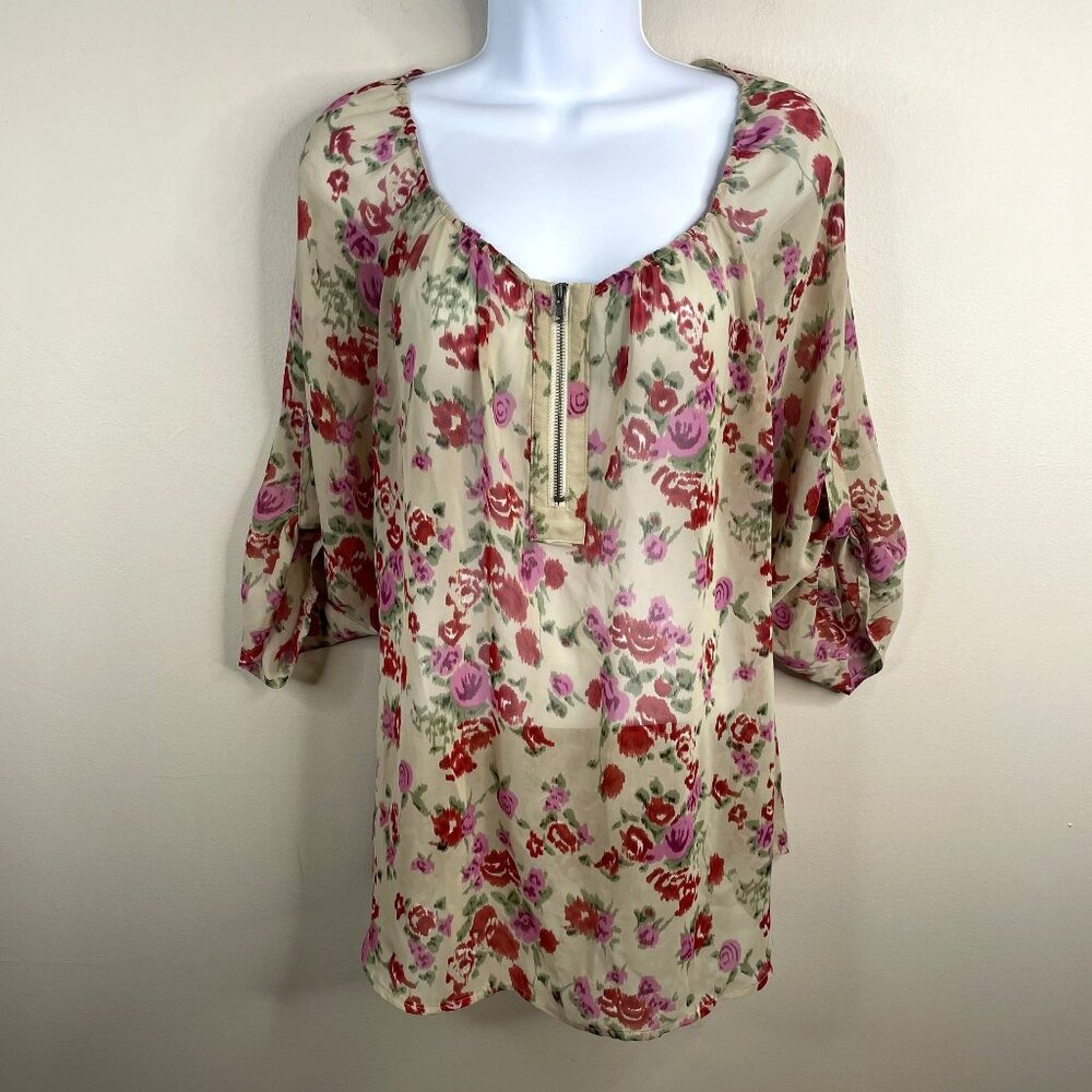 Vintage Pleione Top Womens Large Boho Romantic Floral Tunic Layering 3/4‎ Sleeve